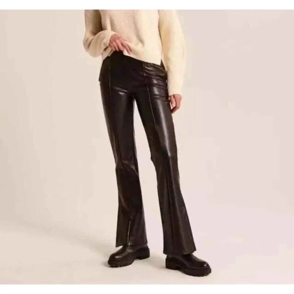 Abercrombie & Fitch Vegan Leather High Waisted Flared Split Hem Pants Black M